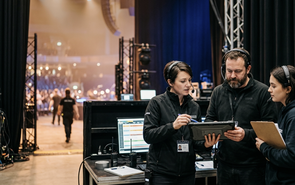 Production team reviewing event schedule backstage during live event setup